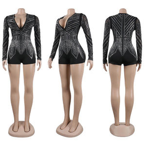 Midnight Sparkle - Long Sleeve Shorts Silver Bling Jumpsuit