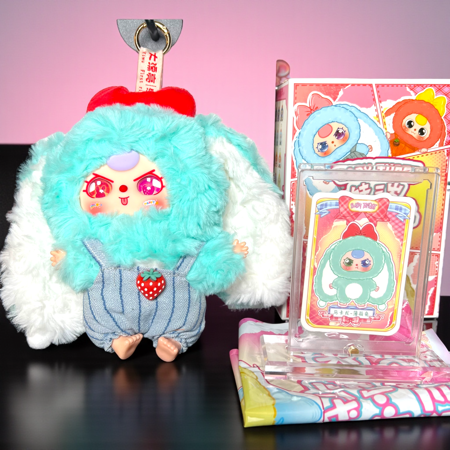 Baby Three – Macaroon V2 Confirmed Mint Rabbit Plush Pendant (Strawberry Overalls & Special Eyes)