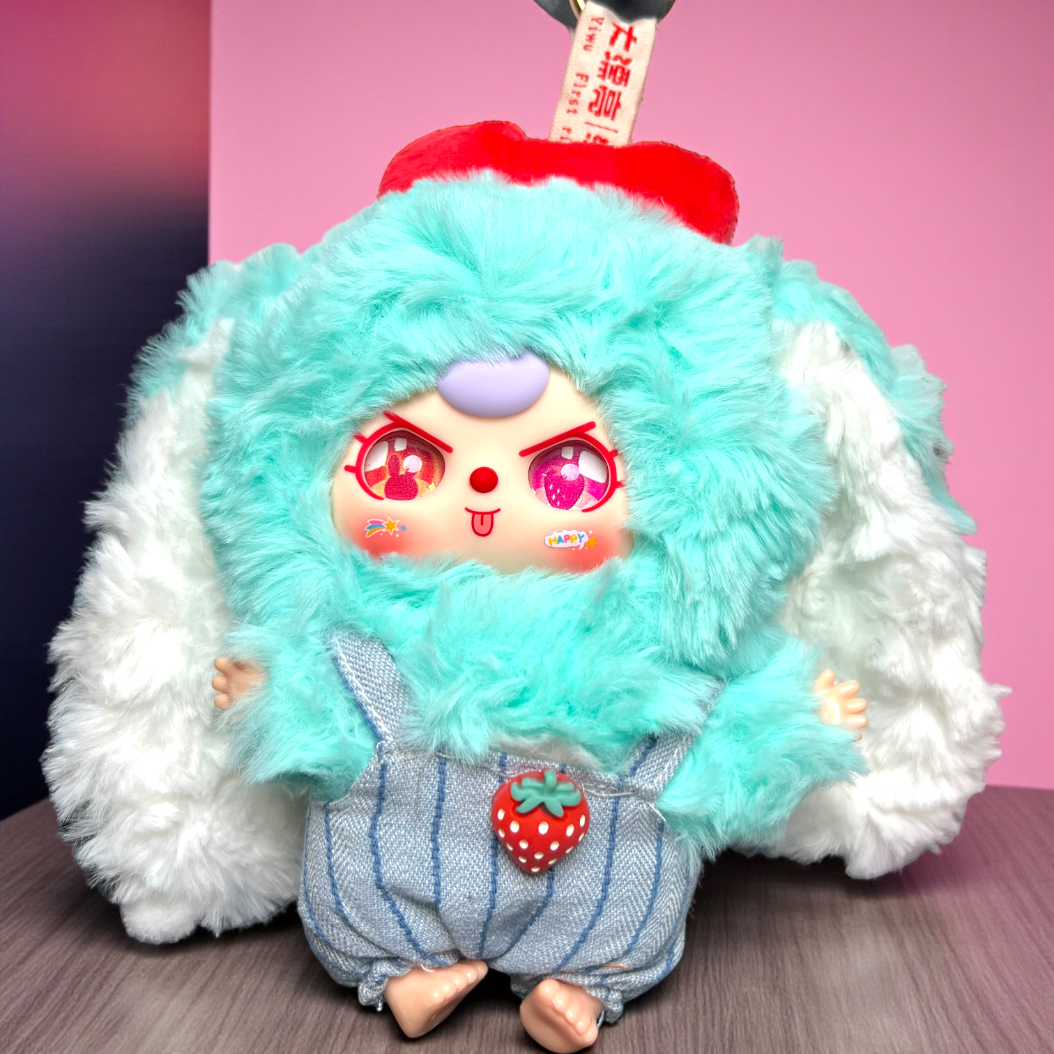 Baby Three – Macaroon V2 Confirmed Mint Rabbit Plush Pendant (Strawberry Overalls & Special Eyes)