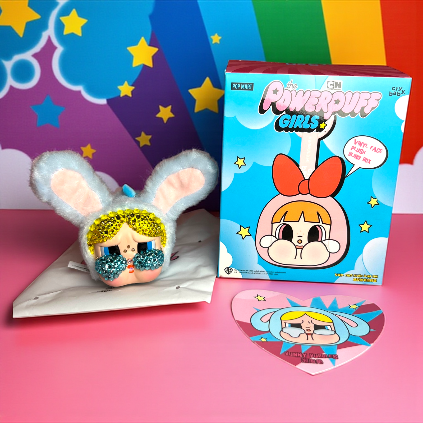 POP MART Custom CRY BABY x POWERPUFF GIRLS Vinyl Face Plush Pendant (Bunny Bubbles) – Luxe By Meena Exclusive