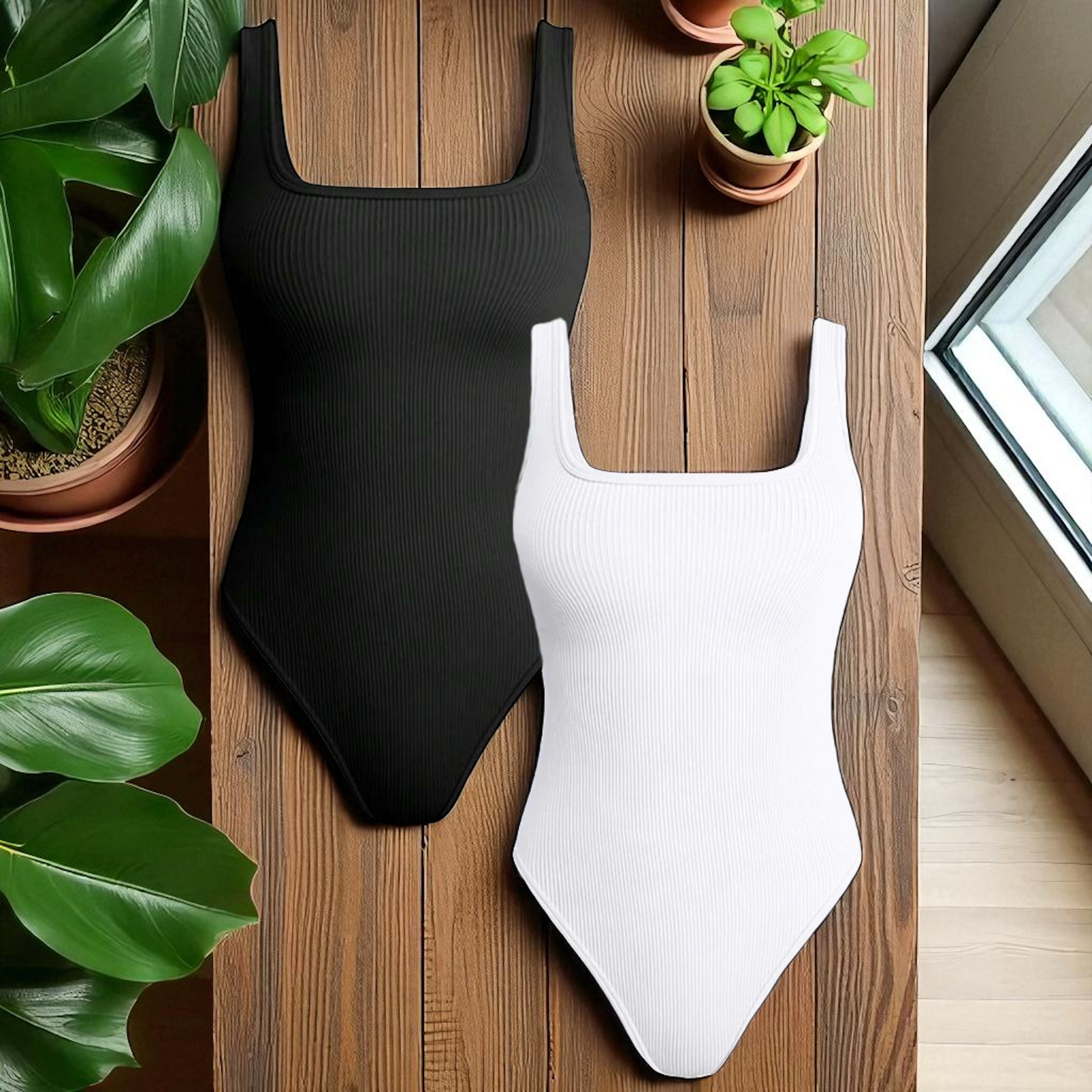 2 Pack Women's Thong Square Neck Bodysuits Womenswear Underwear Sexy Ribbed Tummy Control Tops Bodysuit