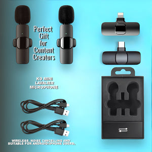 K9 Mini Live Noise Cancelling Wireless Clip Lavalier Microphone Set (2 Pack) IPhone & Android Compatibility
