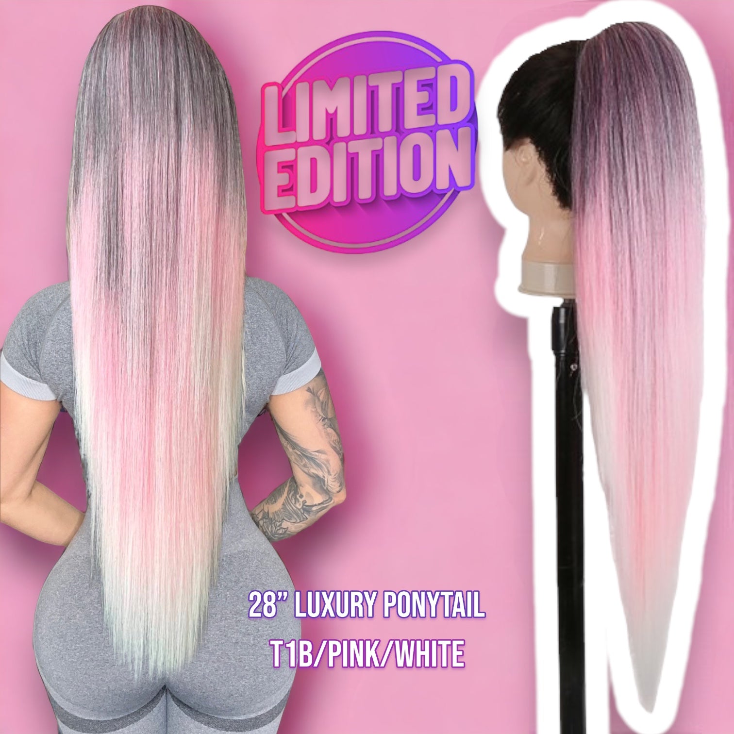 28” Special Edition Straight Luxury Ponytail Extension (T1B/Pink/White)