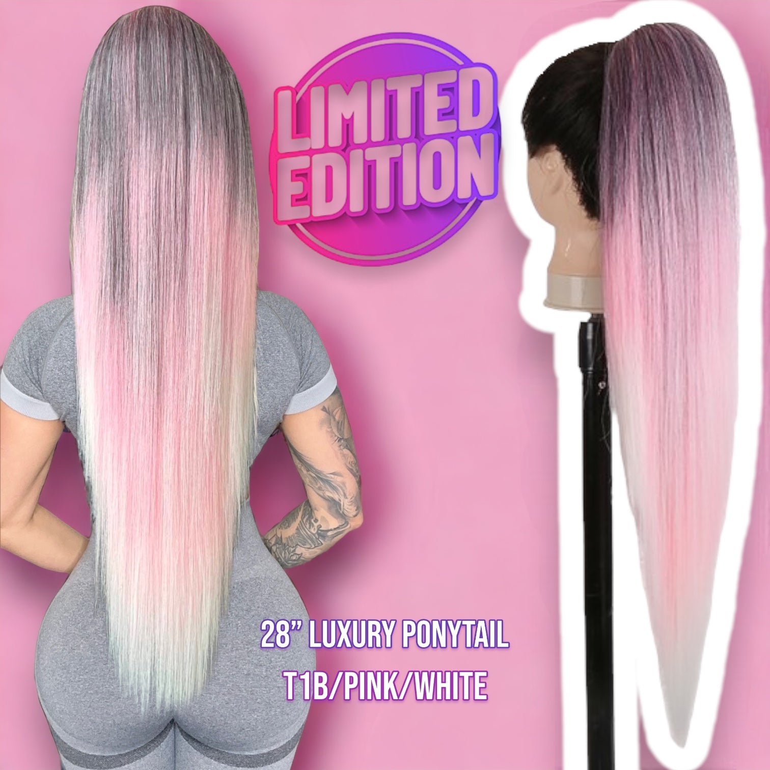 28” Special Edition Straight Luxury Ponytail Extension (T1B/Pink/White)