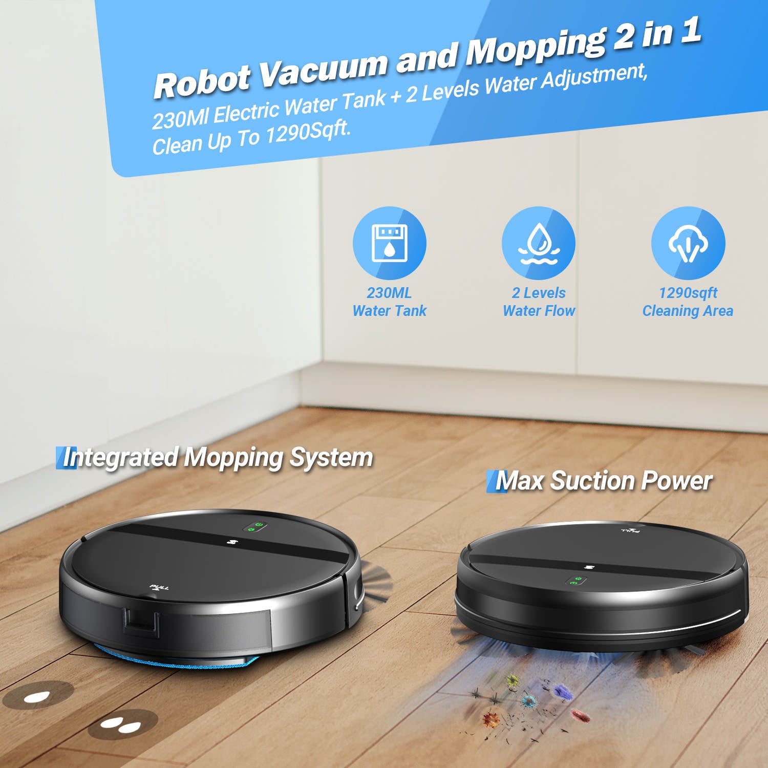 Robot Vacuum and Mop Combo, WiFi/App/Alexa, 2 in 1 Robot Vacuum Cleaner with Tangle-Free Cyclone Suction, Scheduled Cleaning, Automatic Recharge Robotic Vacuum Cleaner for Pet Hair, Low Carpet